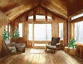 Watercolor of of a rustic living room with wooden chalet style