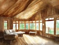 Watercolor of of a rustic living room with wooden chalet style