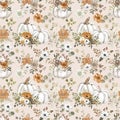 Watercolor rustic pumpkin seamless pattern. Autumn print with white pumpkins, flowers and leaves on beige background Royalty Free Stock Photo