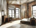 Watercolor of Rustic urban bedroom in aged