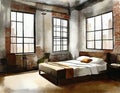 Watercolor of Rustic urban bedroom in aged
