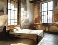 Watercolor of Rustic urban bedroom in aged