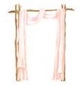 Watercolor rustic wedding arch with wood sticks decorated with peach curtains. Hand drawn wooden square archway isolated
