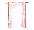 Watercolor rustic wedding arch with wood sticks decorated with pink curtains. Hand drawn wooden square archway isolated