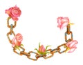 Watercolor rusty chain with flowers. Hand painted old chain links with dry pink roses isolated on white background
