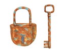 Watercolor rusty lock and key illustration. Hand drawn old vintage objects isolated on white background