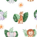 Watercolor safari animals and green tropical palm leaves and flowers seamless pattern on white background Royalty Free Stock Photo