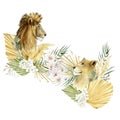 Watercolor safari illustration. Lion and liones with tropical dried palm leaves and flowers for bridal card