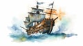 Watercolor Sail Ship Illustration: Meticulously Detailed Royalty-free Image