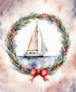 Watercolor Sailboat In a Christmas Wreath