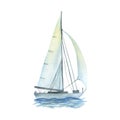 Watercolor sailboat on sea water. Drawing illustration of blue boat in ocean wave. Watercolor yacht floating isolated on