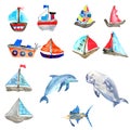 Watercolor sailboats and sea animals isolated on white background. Royalty Free Stock Photo