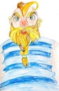 Watercolor sailor in the blue striped vest. Blond man with braided beard and red nose. Watercolor hand drawn
