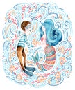 Watercolor sailor and mermaid in love surrounded by doodle waves, sea star, seashell. Royalty Free Stock Photo