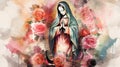 Watercolor Saint Mary of Guadalupe (Virgen de Guadalupe) in honor of the celebration of the Mexican holiday of Royalty Free Stock Photo