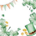 Watercolor Saint Patrick`s Day frame. Clover ornament. For design, print or background