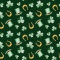 Watercolor Saint Patrick`s Day pattern with horseshoe and hat. Clover ornament. For design, print or background