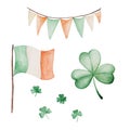 Watercolor Saint Patrick`s Day set. Clover ornament. For design, print or background Royalty Free Stock Photo