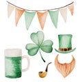 Watercolor Saint Patrick`s Day set. Clover ornament. For design, print or background