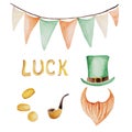 Watercolor Saint Patrick`s Day set. Clover ornament. For design, print or background Royalty Free Stock Photo