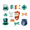 Watercolor Saint Patrick`s Day set. Hand drawn artistic objects: leprechaun, clover shamrock, hat, pot of gold, rainbow