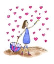 Watercolor Saint Valentine`s Day card. Girl with umbrella under rain of hearts. Hand drawn cute illustration Royalty Free Stock Photo