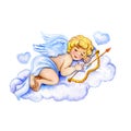 Watercolor Saint Valentines card template. Cute little cupid sleeping on weightless cloud with hearts holding bow and arrow. Feast