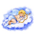 Watercolor Saint Valentines card template. Cute little cupid sleeping on weightless cloud with hearts holding bow and arrow. Feast