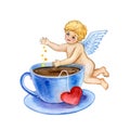 Watercolor Saint Valentines greeting card template for web, print. Cute little cupid drops magic love dust into coffee cup. Feast