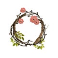 Watercolor sakura wreath with leaves and flowers hand drawn illustration.