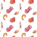 Watercolor salmon, squid, shrimp, king crab isolated seamless pattern.