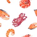 Watercolor salmon, squid, shrimp, king crab isolated seamless pattern.