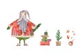 Watercolor santa claus illustration in vintage style collection. Christmas cartoon character, bunch of gifts, christmas tree,