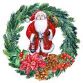 Watercolor Santa Claus on an isolated white background, holiday wreath winter picture