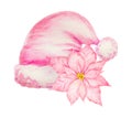 Watercolor Santa Claus pink hat and poinsettia. Christmas accessories. Hand drawn winter illustration, symbols of new