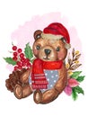 Watercolor Santa Claus red hat and Scarf RetroTeddy Bear Royalty Free Stock Photo