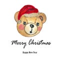 Watercolor Santa Claus red hat Teddy Bear Hand painted Royalty Free Stock Photo