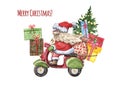 Watercolor Santa Clause hand painted illustration. Christmas card. Santa is riding a moto scooter with gifts, presents and pine Royalty Free Stock Photo