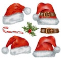 Watercolor Santa red hats. Christmas illustartion Royalty Free Stock Photo