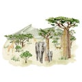 Watercolor Savannah Wild Animal illustration. Landscape africa composition with trees, elephant, giraffe, leopard and green mounta