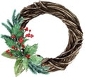 Watercolor Scandinavian Christmas Wicker Wreath