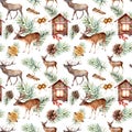 Watercolor scandinavian pattern with deers. Hand painted house, deers, pine branch with cones, orange, cinnamon stick