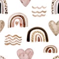 Watercolor scandinavian rainbow swamless patterns in pastel brown pink colors. Baby boy and girl background paper