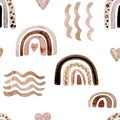 Watercolor scandinavian rainbow swamless patterns in pastel brown pink colors. Baby boy and girl background paper srapbooking