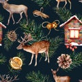 Watercolor scandinavian seamless pattern with deers. Hand painted house, deers, pine branch with cones, orange, cinnamon