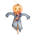 Watercolor scarecrow, cartoon character cute Royalty Free Stock Photo
