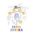 Watercolor scarecrow cartoon character Festa Junina Poster Vector