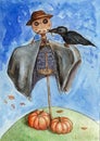 Watercolor scarecrow and crow