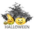 Watercolor scary night, flock of bats and holidays pumpkins. Halloween holiday illustration. Magic, symbol of horror Royalty Free Stock Photo