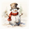 A watercolor scene of Frosty the Snowman takes center stage, a symbol of Christmas enchantment with his scarf, hat
